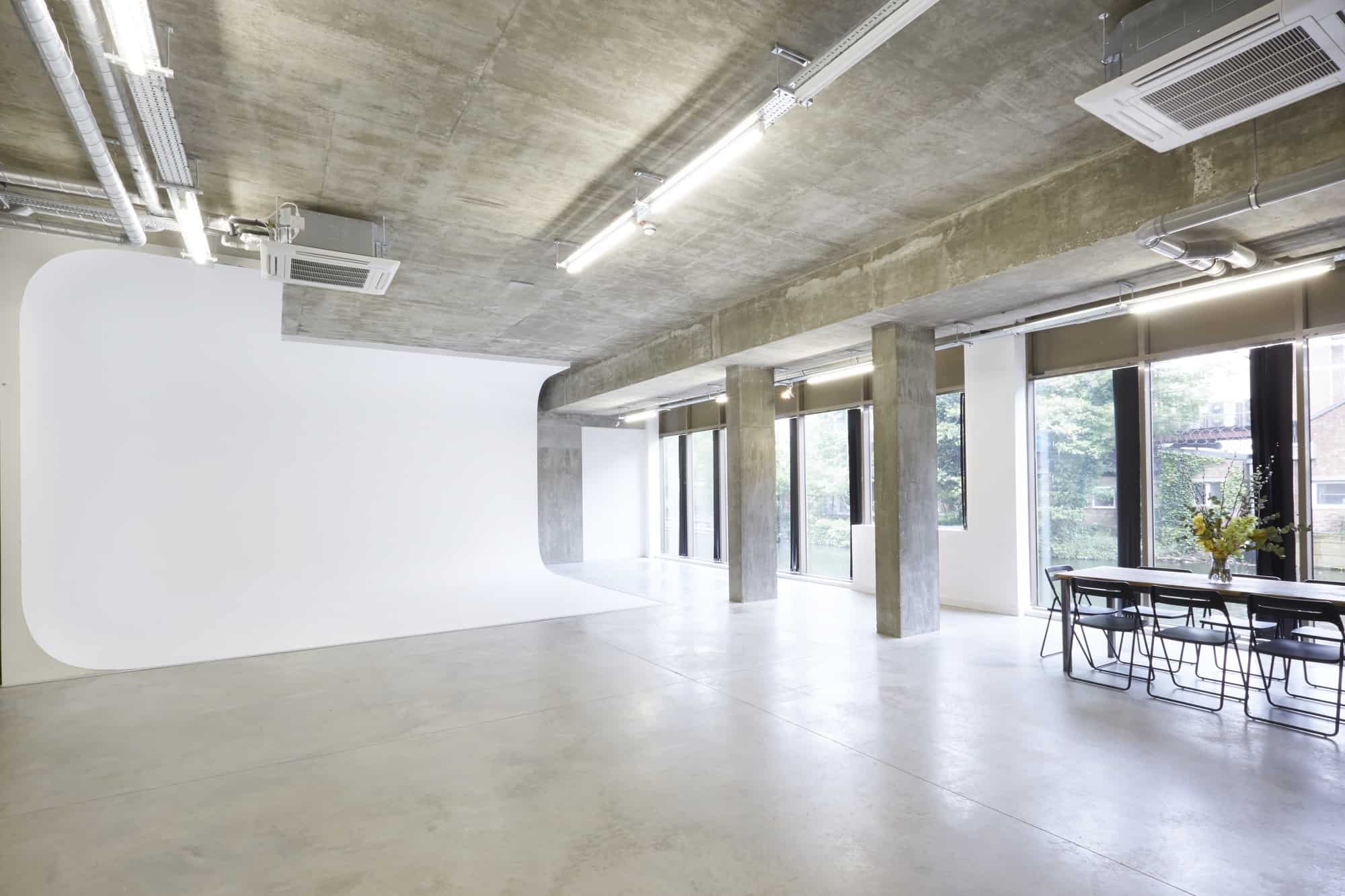 Haggerston One N1 - A sleek daylight studio with polished concrete floors. Available for commercial photography and filming hires, and events - The Location Guys